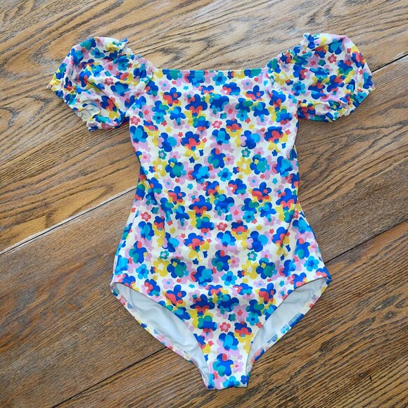 MINI BODEN floral print ruffle puff sleeve swim suit/9/10 - Picture 1 of 7